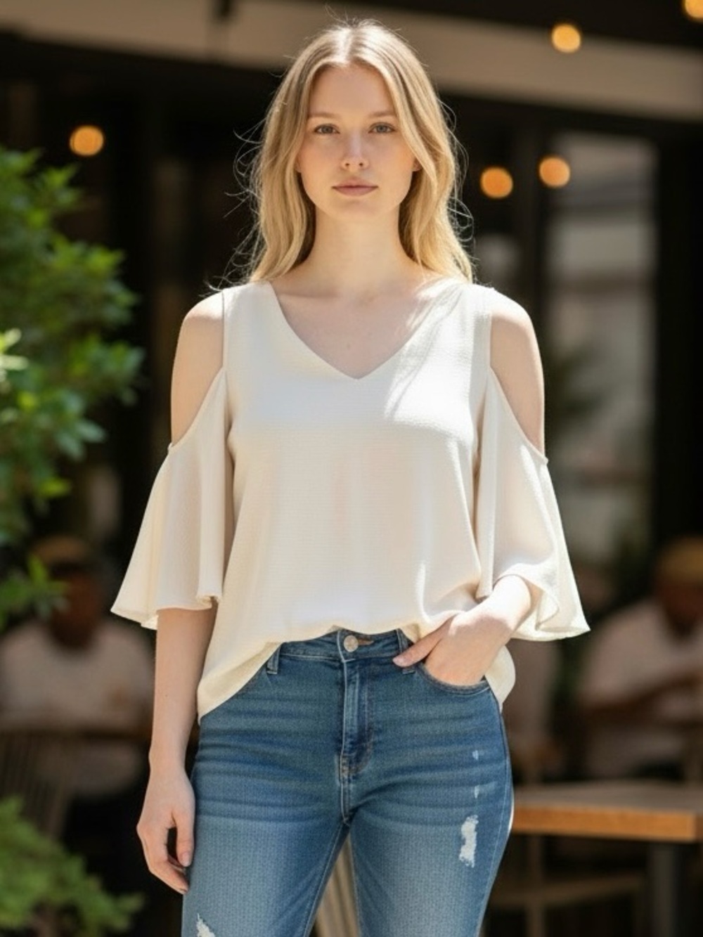 Le Lis Cream Cold-Shoulder V-Neck Flutter Sleeve Blouse